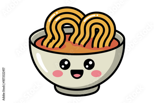 A cartoon bowl of noodles with a happy face on a white background