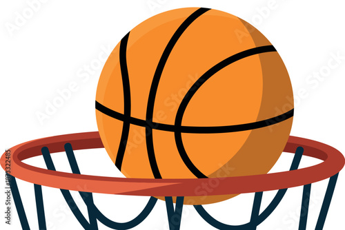A basketball going through a hoop with a clean white background