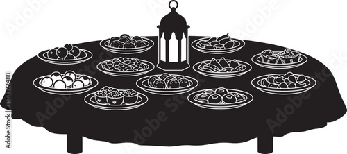 Black and white illustration of food on a table with a lantern  traditional cuisine display
