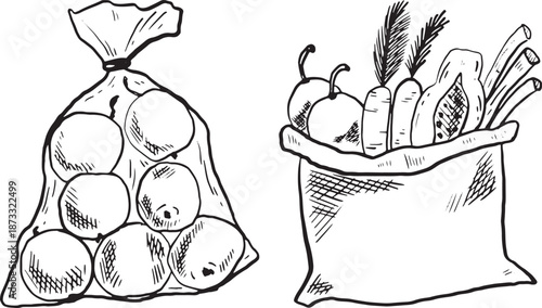 A bag of oranges and a sack of assorted vegetables. The oranges are round and bright, while the vegetables include carrots, peppers, and leafy greens.