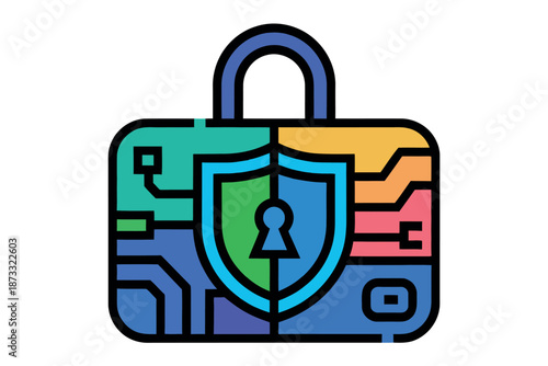 A colorful illustration of a padlock with a shield and circuit board design