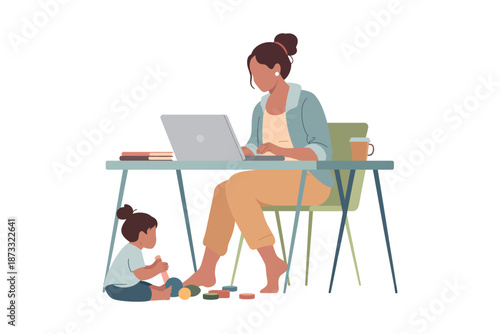 A woman works on her laptop while her child plays on the floor