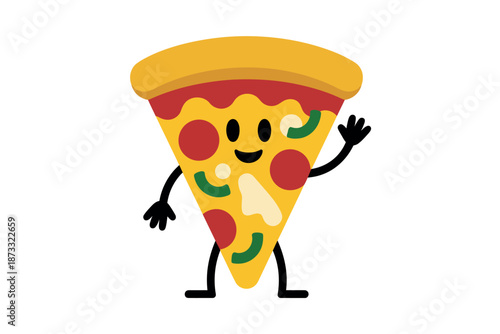 A cartoon slice of pizza with a smiley face and arms