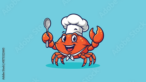 Cute Crab Chef Holding Spoon Cartoon Vector Illustration.