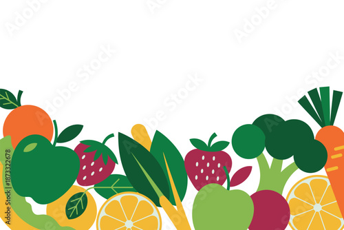 A colorful illustration of various fruits and vegetables on a white background