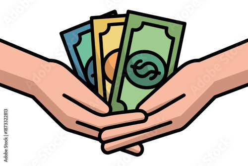 A person holding a handful of colorful money bills in their cupped hands.