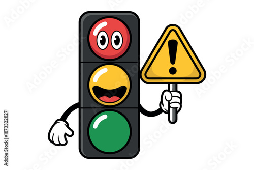 A cartoon traffic light with a warning sign and smiling face