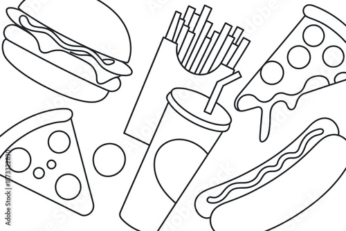 A black and white illustration of various fast food items on a table