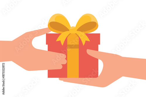 Two hands exchanging a beautifully wrapped red gift box with a yellow ribbon