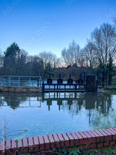 Sluice gates on the River Brett in Hadleigh, Suffolk, England.