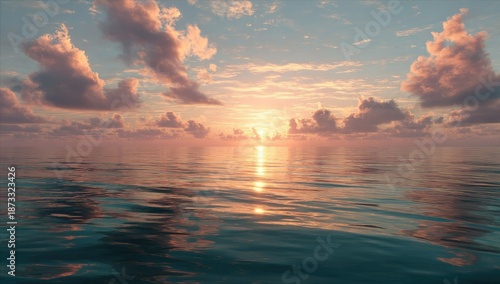 Sunset over ocean serene waters and cloudy sky at dusk