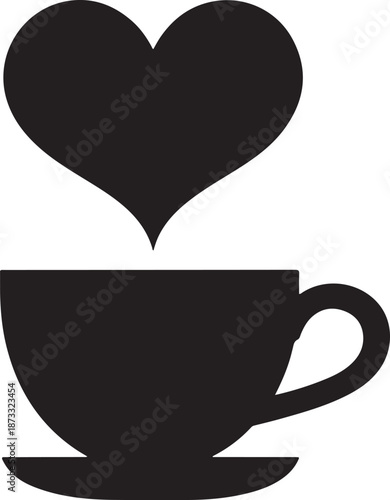 A simple black silhouette of a coffee cup with a heart symbol emerging from its top