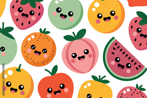 A colorful pattern of cartoon fruits with cute faces on a white background