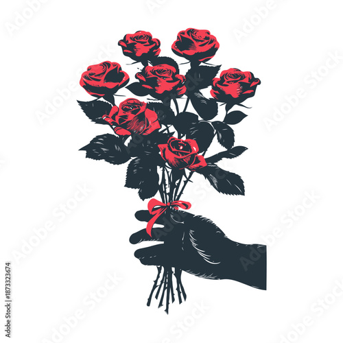 Hand holding bouquet of red roses with ribbon on white background in sketch style. Concept of gift, romance, celebration flower delivery
