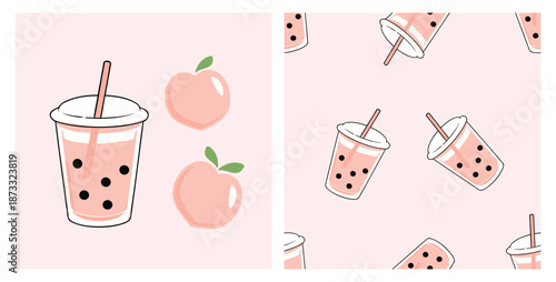 Cute bubble tea and peach illustration set with a seamless pattern in soft pastel pink tones, designed for drink branding, café packaging, stationery, and playful food-themed decorative backgrounds.