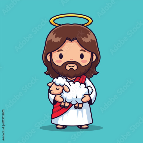 Cute Jesus Christ with Halo Holding a Lamb Cartoon Vector Icon Illustration.