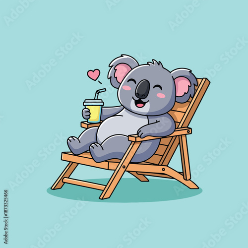 Cute Koala Relaxing on a Beach Chair with a Drink.