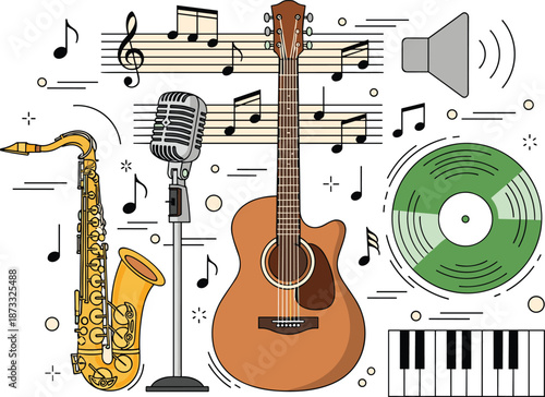 Music instruments illustration set with acoustic guitar, saxophone, microphone, piano keys, vinyl record, and musical notes design