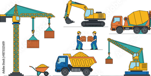Construction machinery and workers illustration set with crane, excavator, cement mixer, dump truck, and building equipment elements