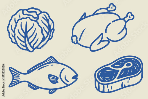 Blue of a whole chicken a fish a steak and a cabbage a beige background