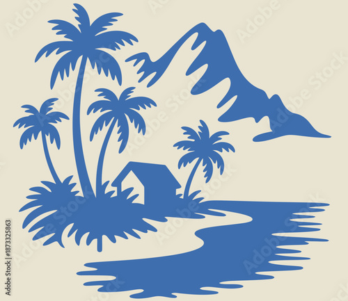 Blue silhouette of palm trees a small hut and a mountain beside a winding river a beige background
