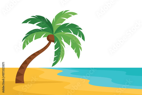 A cartoon palm tree on a sandy beach by the ocean shore