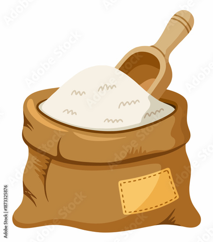 Brown burlap sack filled with white powder and a wooden scoop