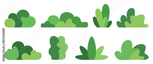 Collection of abstract green bush and foliage shapes in a flat style plant nature