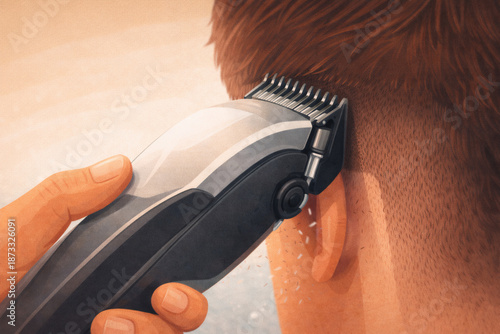 Barber trimming neckline with electric clippers