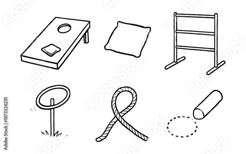 Collection of outdoor game equipment in a simple line drawing style