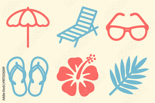 Collection of flat summer vacation including beach umbrella flip flops lounge chair hibiscus flower and palm leaf