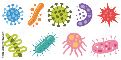 Collection of colorful cartoon viruses and bacteria with spikes and dots microbe germ