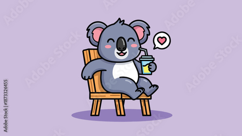 Cute Koala Relaxing on Chair Drinking Beverage.