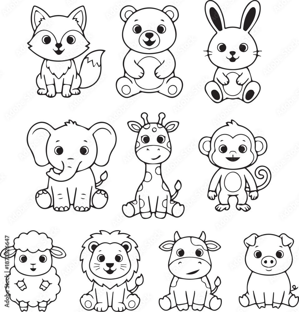 Obraz premium Playful cartoon animal illustration featuring wild and farm animals such as elephant, lion, monkey, giraffe, panda, cow, and fox. Created in a fun, colorful style suitable for children’s storybooks