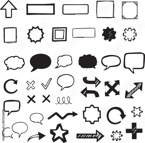 Hand drawn random doodle vector collection including arrows, speech bubbles, boxes, frames, lines, and symbols