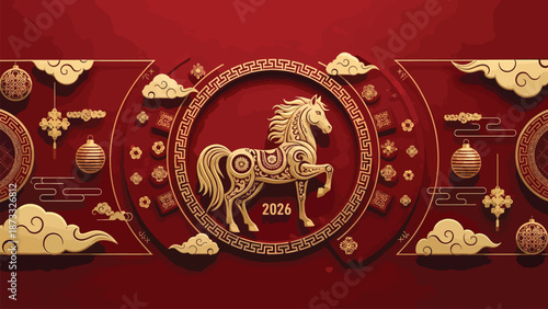 Ornate Golden Horse Zodiac 2026 Lunar New Year Banner with Traditional Chinese Ornament Clouds and Festive Red Background