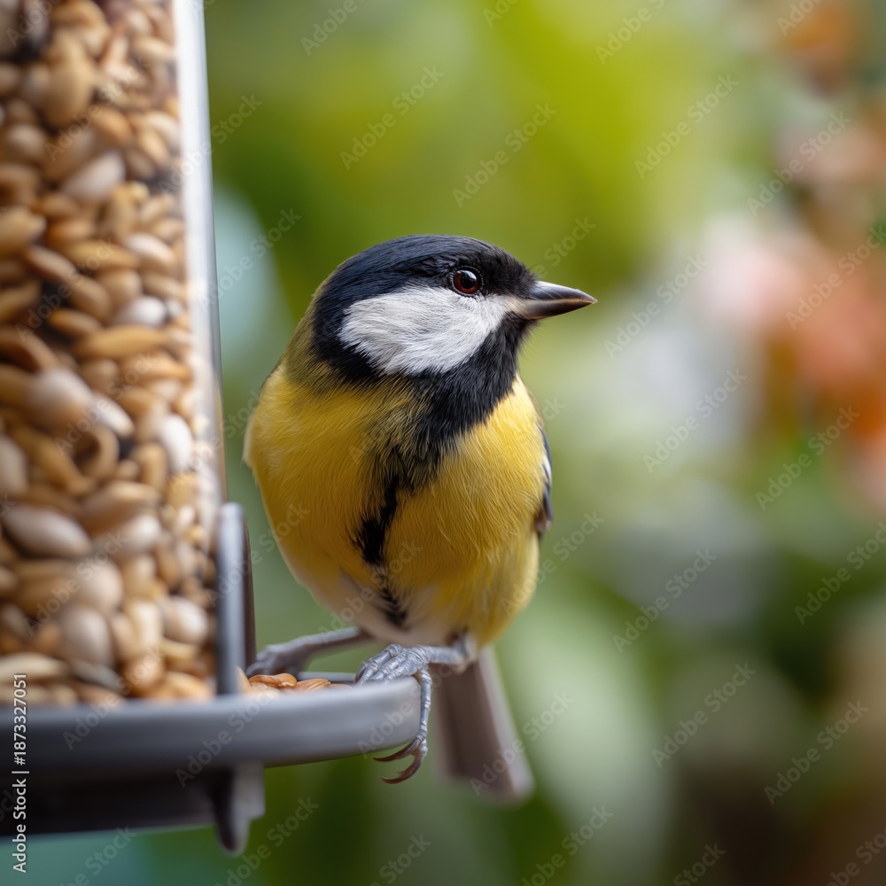 Obraz premium Colorful great tit perched on bird feeder with seeds in garden