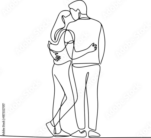 Continuous Line Drawing of a Couple Leaning on Each Other While Standing – Minimal One Line Supportive Love Illustration, Modern Intimate Design