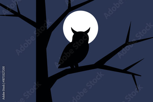 A silhouette of an owl perched on a bare tree branch under a full moon