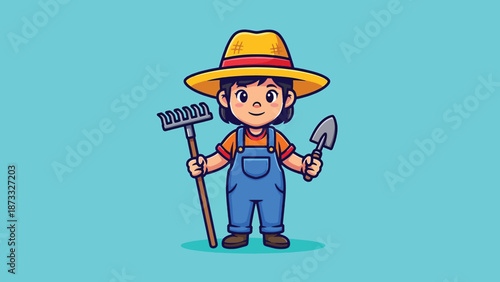 Cute Little Farmer Girl Holding Rake and Shovel Cartoon Vector Icon Illustration.