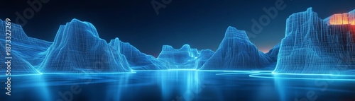Neon Wireframe Landscape Abstract Mountains and Water Reflection, futuristic ,digital art