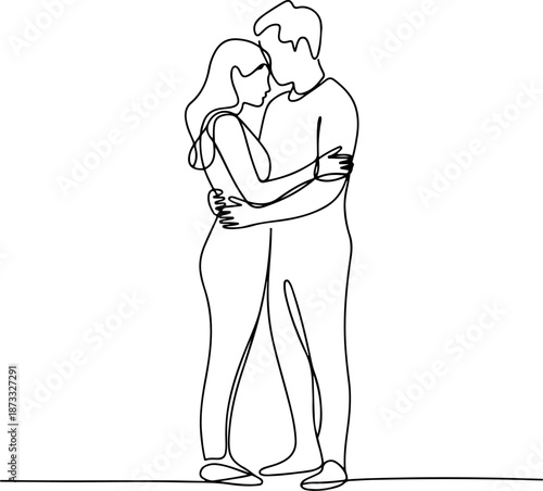 Continuous Line Drawing of a Couple Standing Forehead to Forehead – Minimal One Line Intimate Connection Illustration, Modern Romantic Design