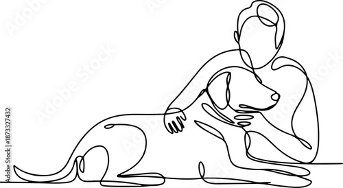 Continuous Line Drawing of a Dog Resting Beside a Human – Minimal One Line Companionship Illustration, Calm Emotional Design