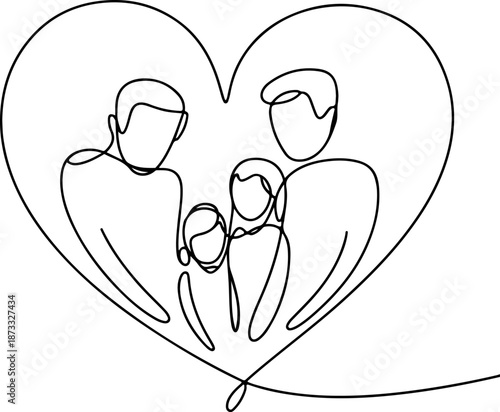 Continuous Line Drawing of a Family Inside a Heart Shape – Minimal One Line Love and Togetherness Illustration, Modern Family Design