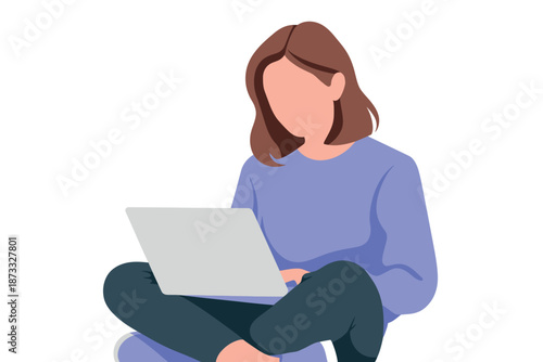 A woman sitting comfortably with a laptop on her lap in a relaxed pose