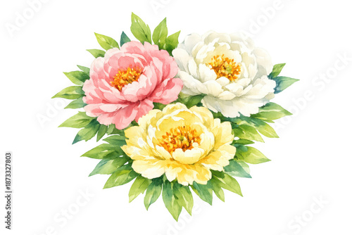 Peony flowers forming a beautiful watercolor bouquet with delicate pink, white, and yellow blooms, featuring fresh green leaves