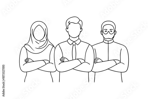 Young muslim businesspeople standing in line professional outline drawing
