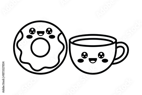 A cute cartoon donut and coffee cup with smiling faces on a white background