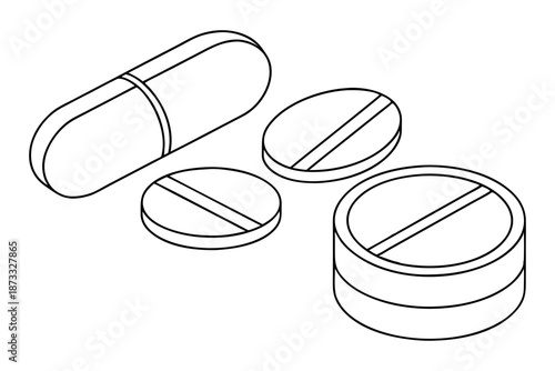 Isometric pill and capsule medical icon illustration