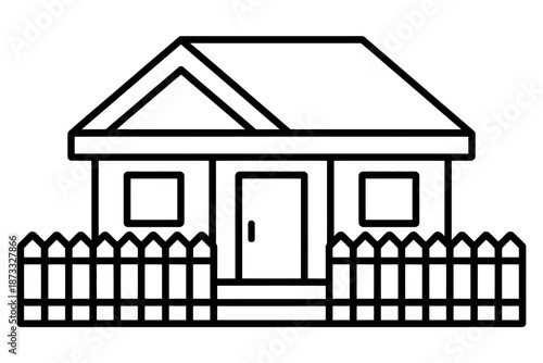 A simple line drawing of a house with a picket fence